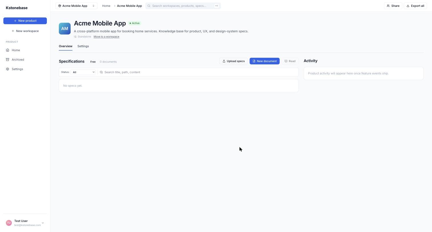 The product overview with the Specifications panel and New document button.
