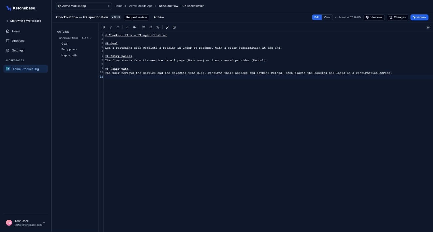 The Markdown editor showing a draft specification with a populated outline.