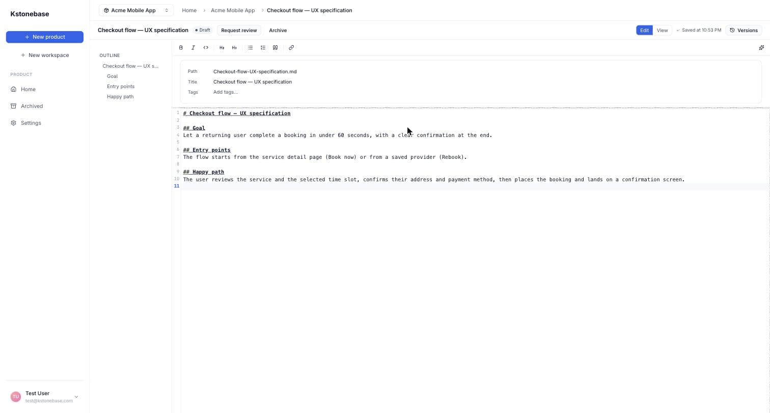 The Markdown editor showing a draft specification with a populated outline.