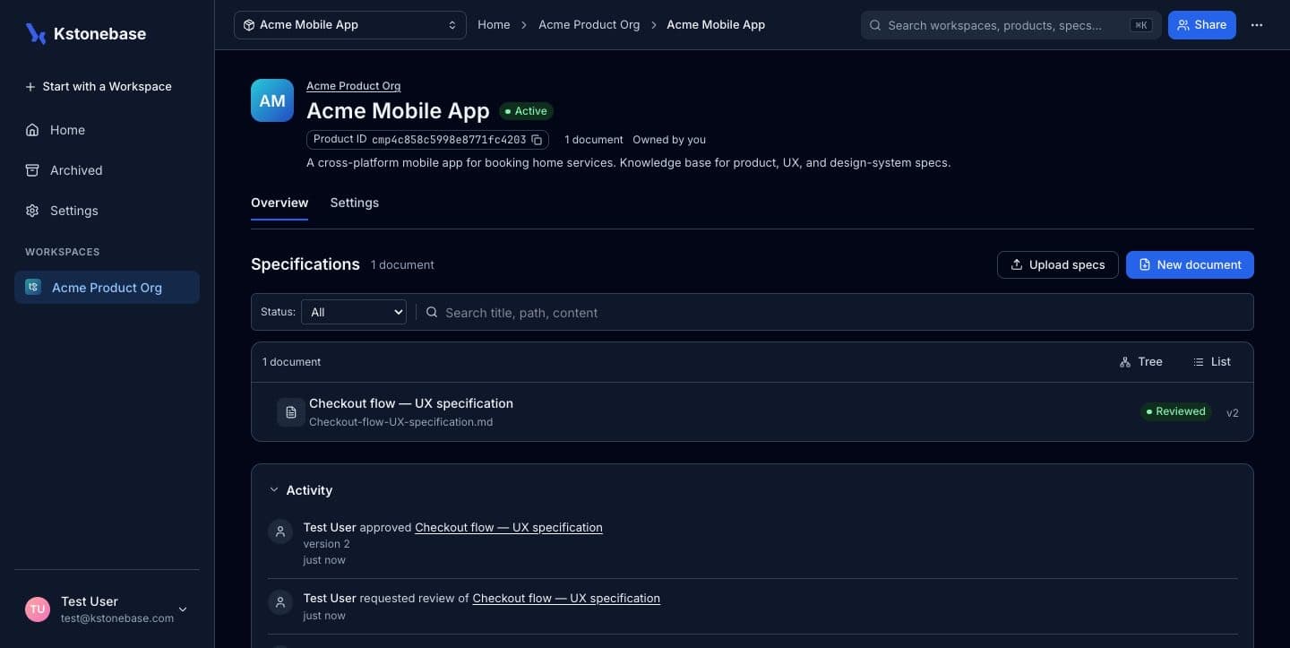 A product overview listing a Reviewed specification, with an Export all button.