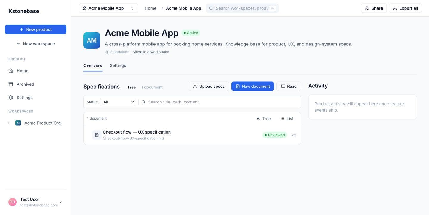 A product overview listing a Reviewed specification, with an Export all button.
