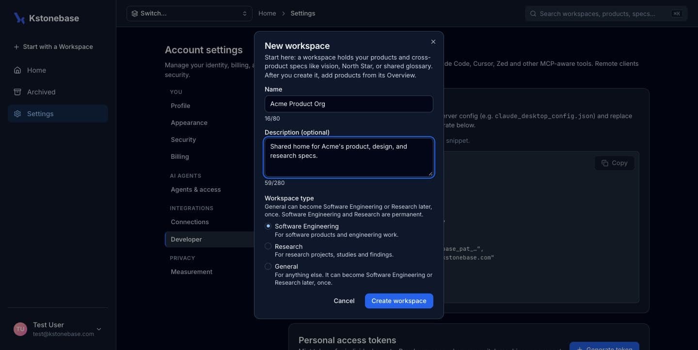 The New workspace dialog with a name and description.