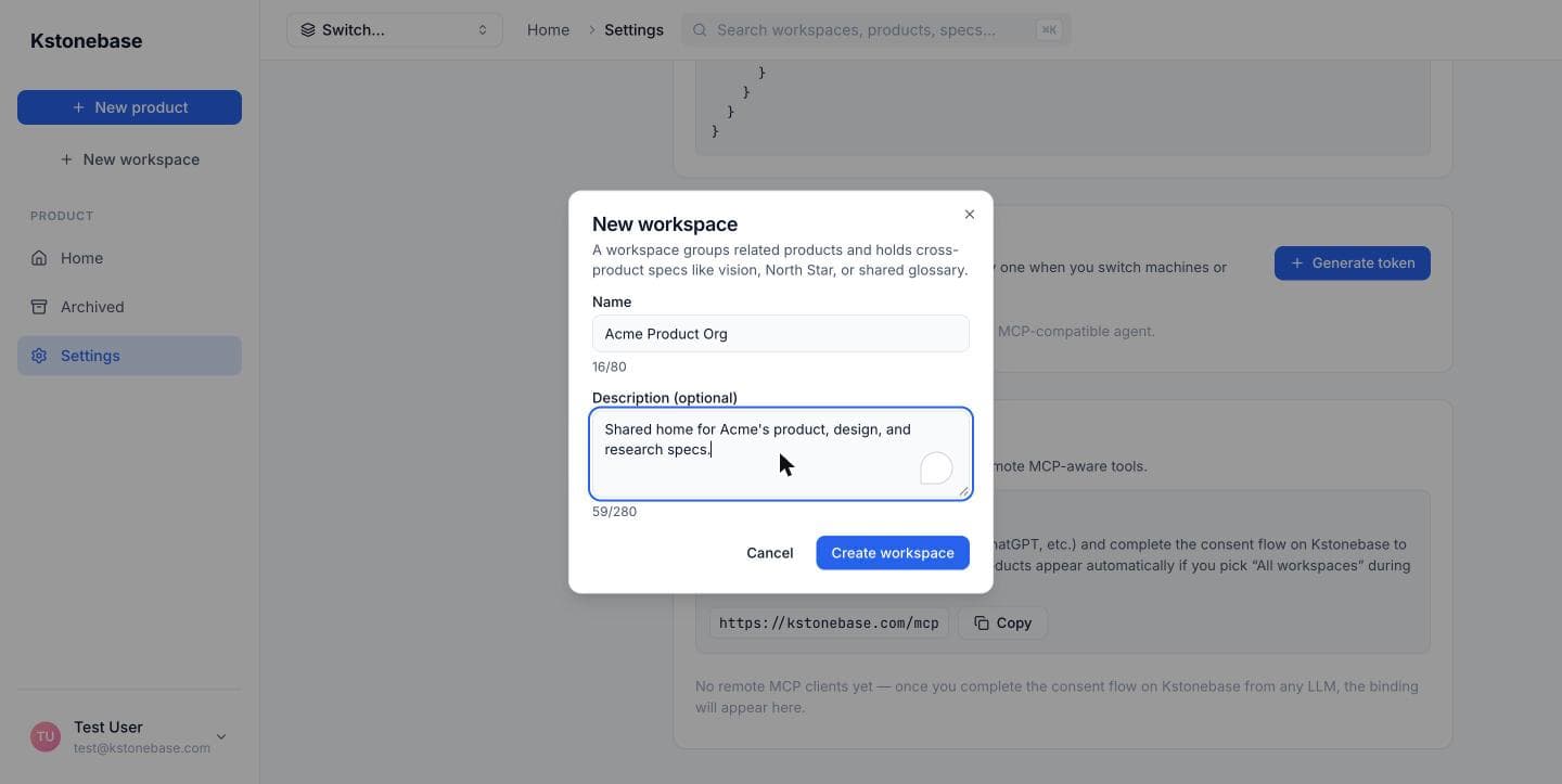 The New workspace dialog with a name and description.