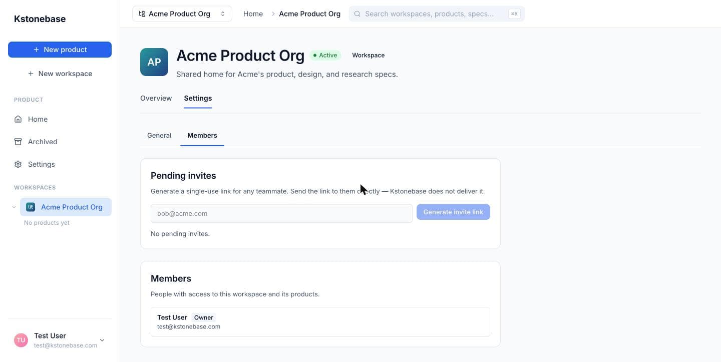 The workspace Members tab with the Pending invites and Members sections.