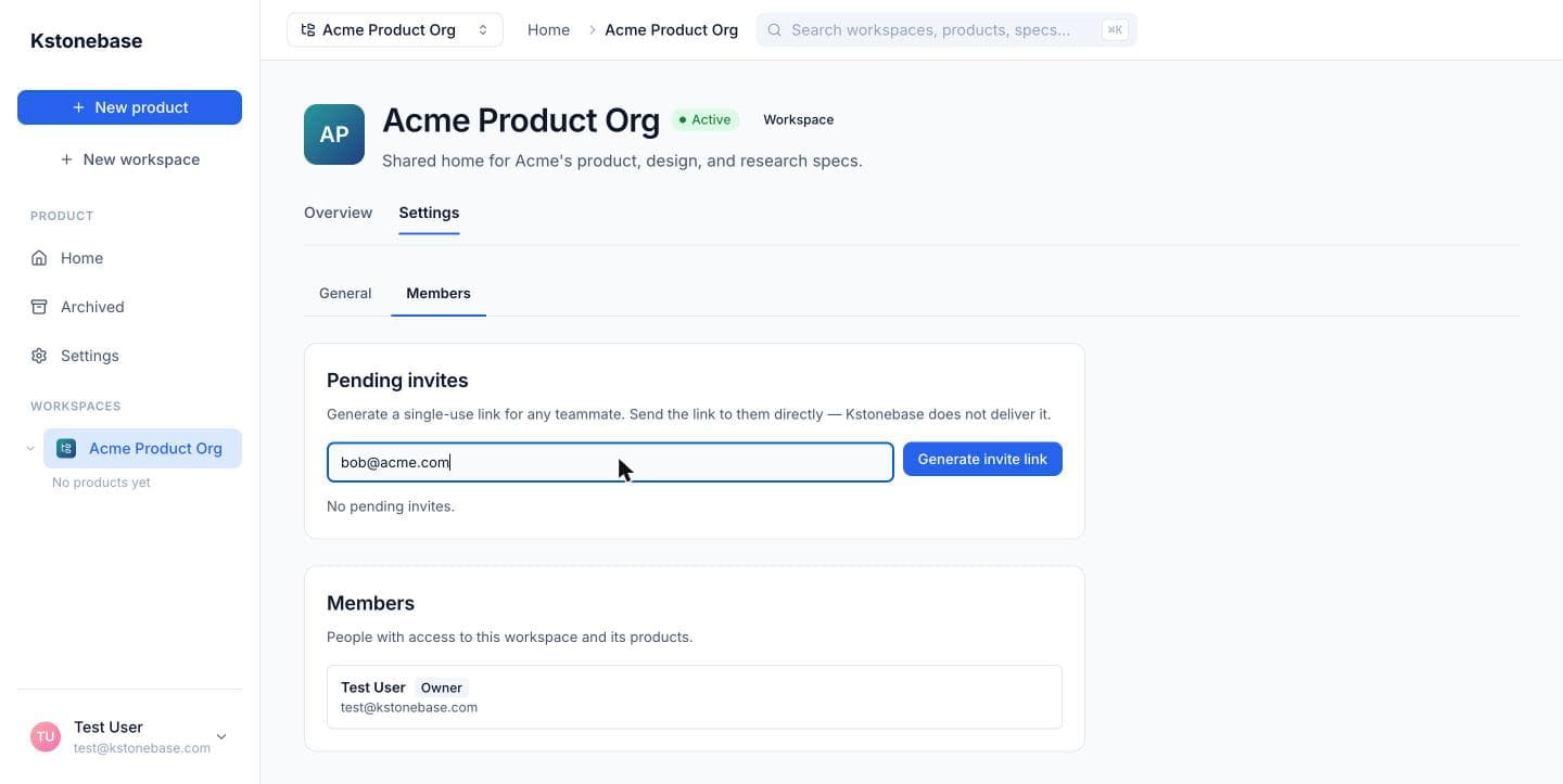 Entering a teammate's email to generate a single-use invite link.