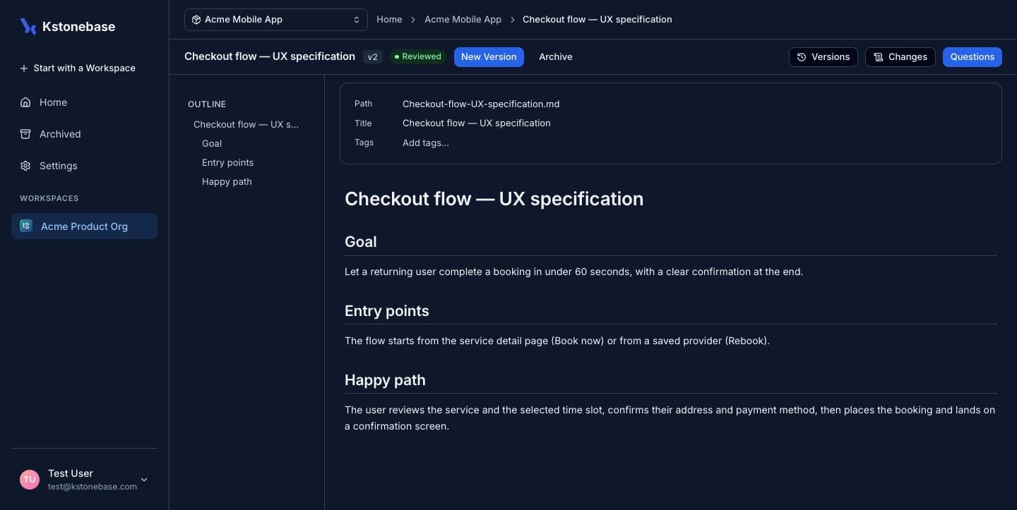 The specification in Reviewed status, version v2, with a New Version action.