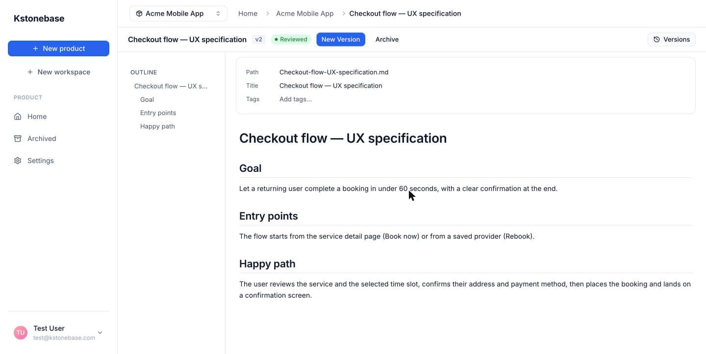 The specification in Reviewed status, version v2, with a New Version action.