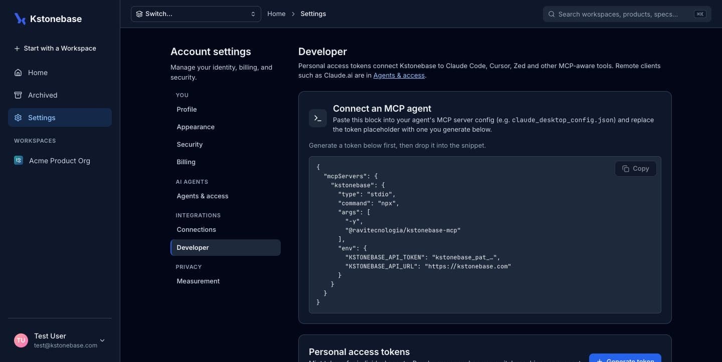 The Developer settings page with a Connect an MCP agent config block.