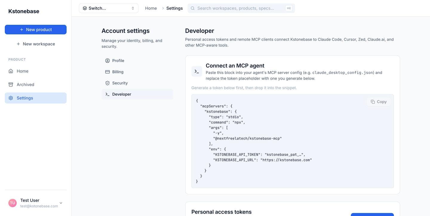 The Developer settings page with a Connect an MCP agent config block.
