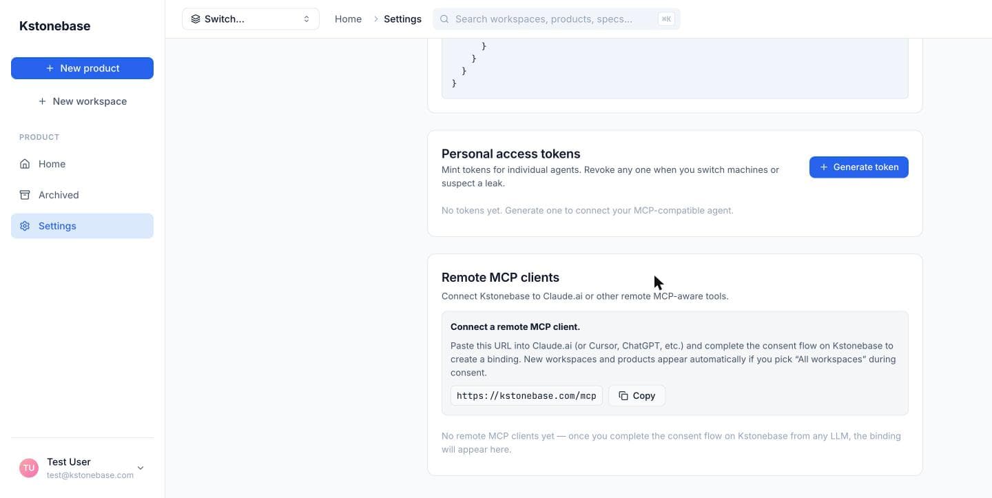 The Personal access tokens and Remote MCP clients sections of the Developer page.