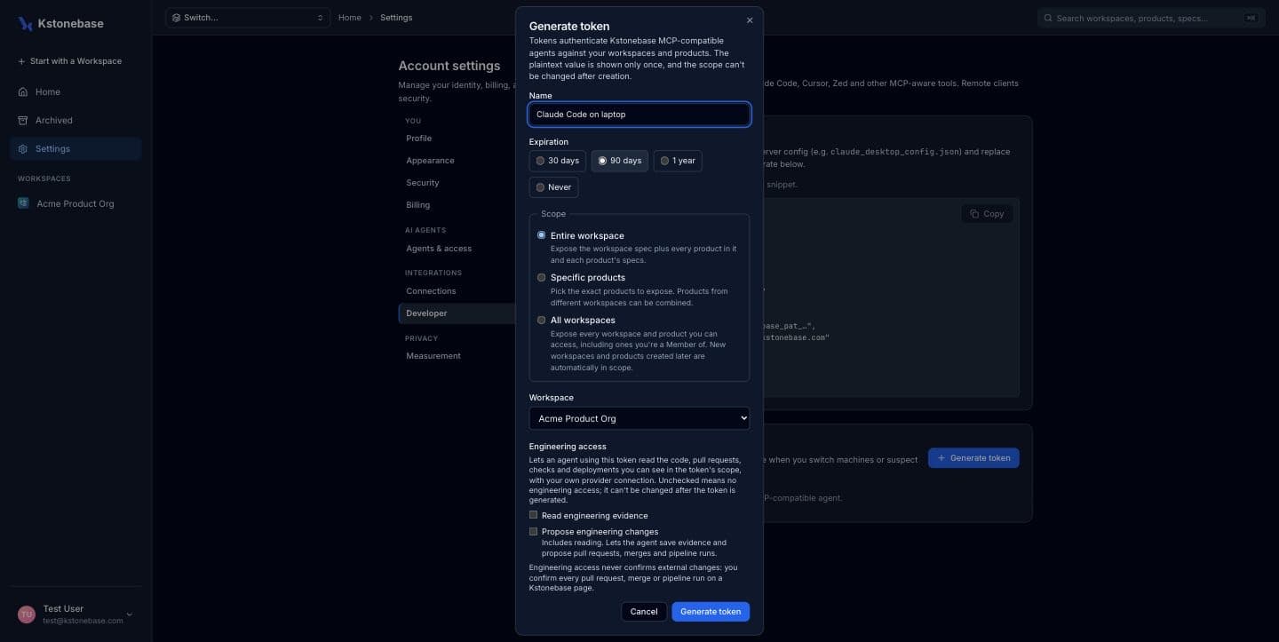 The Generate token dialog with a name, expiration options, and product scope.