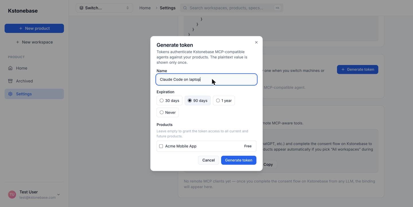 The Generate token dialog with a name, expiration options, and product scope.